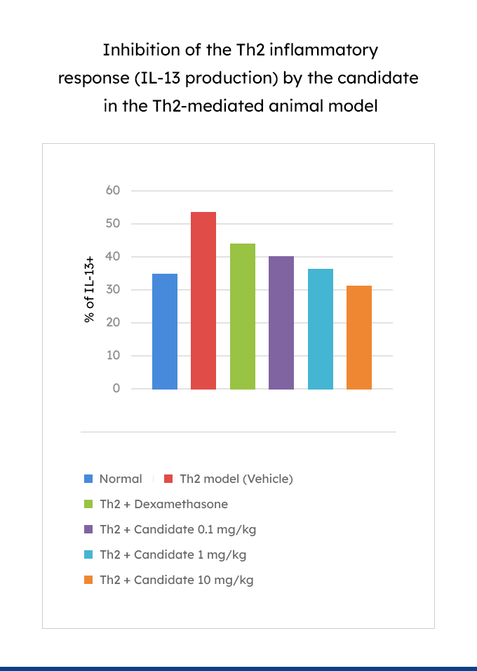 Inhibition of the Th2 inflammatory response (IL-13 production) by the candidate in the Th2-mediated animal model